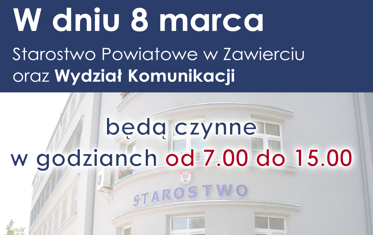 Komunikat o czasie pracy w dniu 8.03.2021r.